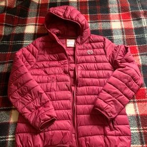 pink puffer jacket